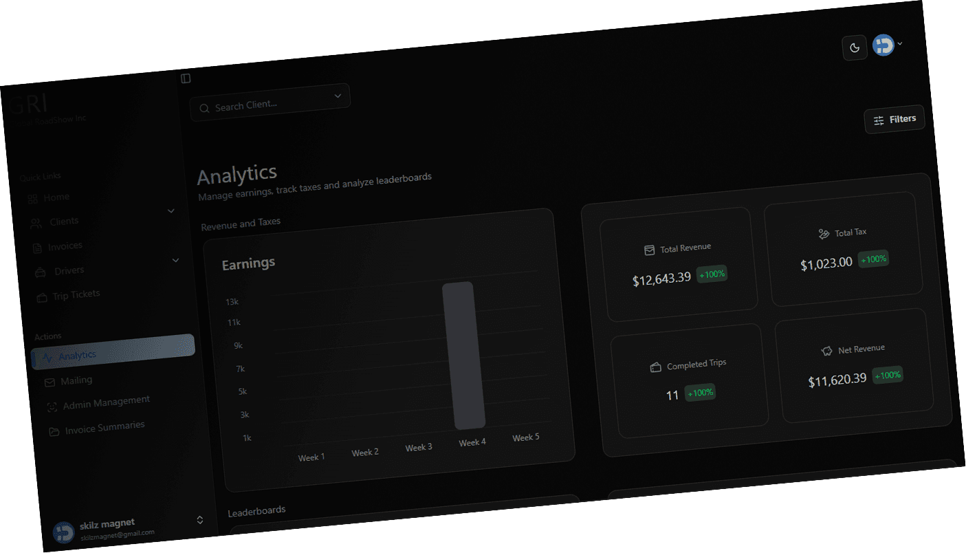 Image of a custom ERP dashboard built for global roadshow limo inc